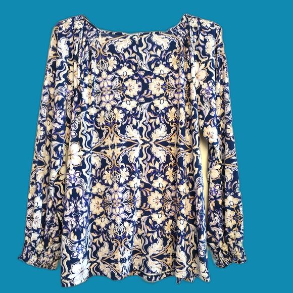 Lane Bryant Stretchy Peasant Blouse Blue Purple 18-20 Boho Popover Fractal - Picture 2 of 6